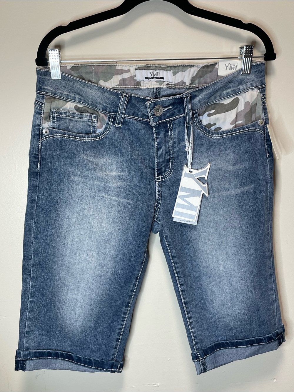 YMI Camo Waistband Denim Shorts Size 11 Blue Mid-Rise Folded Cuff